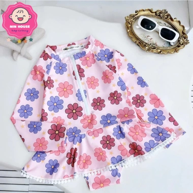 Đồ bơi liền thân tay dài hoa lá cherry cho bé gái 10-38kg - Siêu nhẹ, thích hợp đi biển, đi bơi - Giá 129.000₫