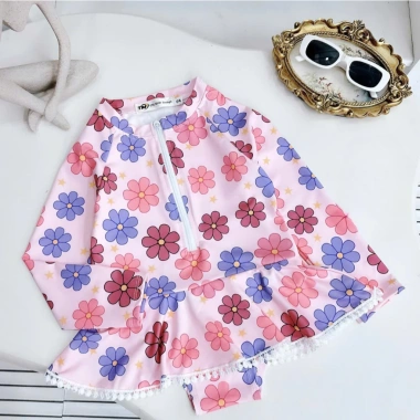 Đồ bơi liền thân tay dài hoa lá cherry cho bé gái 10-38kg - Siêu nhẹ, thích hợp đi biển, đi bơi - Giá 129.000₫