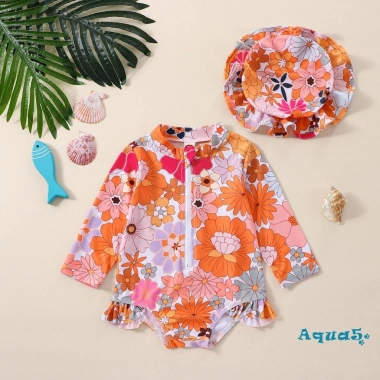Đồ Bơi Liền Thân Tay Dài + Mũ Vỏ Sò Họa Tiết Hoa Xinh - Thời Trang Xuân Hè Giảm Giá 2
