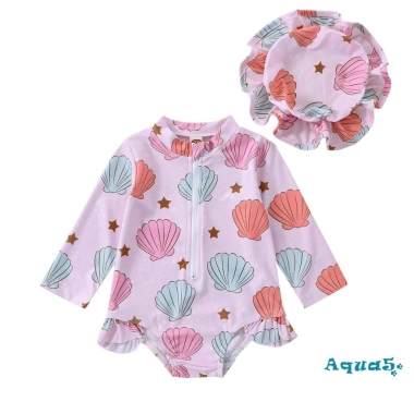 Đồ Bơi Liền Thân Tay Dài + Mũ Vỏ Sò Họa Tiết Hoa Xinh - Thời Trang Xuân Hè Giảm Giá 10