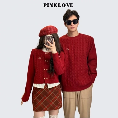Đồ cặp áo len PINKLOVE dài tay màu đỏ, giả sơ mi thời trang thu đông cho cặp đôi