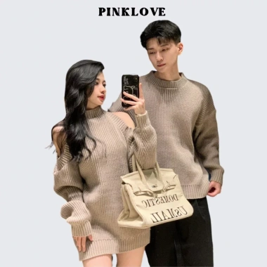 Đồ cặp nam nữ PINKLOVE set couple áo nam đầm nữ thu đông, khoét vai vải len dày dặn, giảm còn 500k