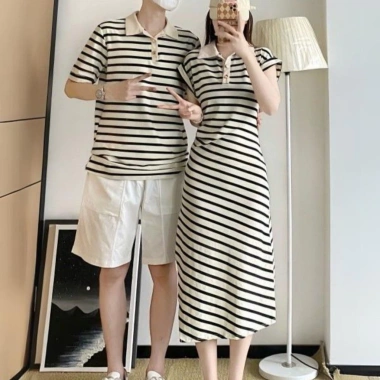 Đồ đôi mùa hè HAPPYLOVE G185 áo thun nam ngắn tay, váy nữ kẻ sọc - Giá ưu đãi 360.000₫ 2