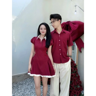 Đồ Đôi Nam Nữ Đỏ Đô – Váy Tiểu Thư + Áo Sơ Mi, Couple Đi Chơi, Tặng Quần Bảo Hộ 4