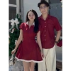 Đồ Đôi Nam Nữ Đỏ Đô – Váy Tiểu Thư + Áo Sơ Mi, Couple Đi Chơi, Tặng Quần Bảo Hộ 9