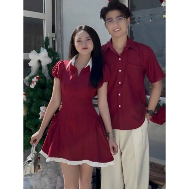 Đồ Đôi Nam Nữ Đỏ Đô – Váy Tiểu Thư + Áo Sơ Mi, Couple Đi Chơi, Tặng Quần Bảo Hộ 9
