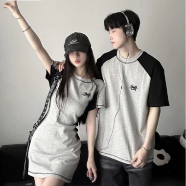 Đồ đôi set couple áo nam đầm nữ tay ngắn chữ A màu ghi xám phối đen HAPPYLOVE G171 Giá ưu đãi 305.000 VND
