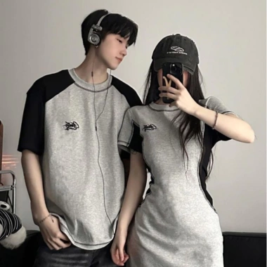 Đồ đôi set couple áo nam đầm nữ tay ngắn chữ A màu ghi xám phối đen HAPPYLOVE G171 Giá ưu đãi 305.000 VND
