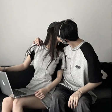 Đồ đôi set couple áo nam đầm nữ tay ngắn chữ A màu ghi xám phối đen HAPPYLOVE G171 Giá ưu đãi 305.000 VND