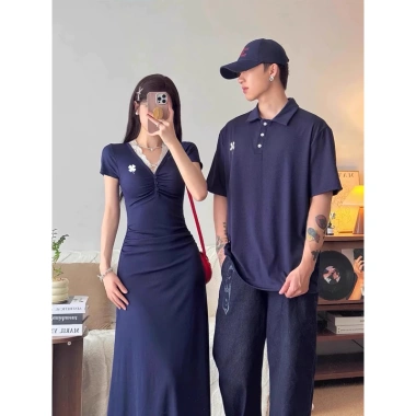 Đồ đôi thun nam polo nữ xanh navi maxi form dài logo cỏ 4 lá may mắn - FOREVER COUPLE 169k