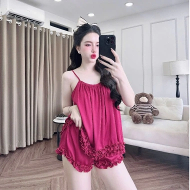 Đồ ngủ 2 dây sexy lai bèo họa tiết vằn, áo yếm vải mềm mịn thoáng mát - 164k