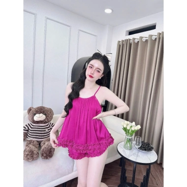 Đồ ngủ 2 dây sexy lai bèo họa tiết vằn, áo yếm vải mềm mịn thoáng mát - 164k