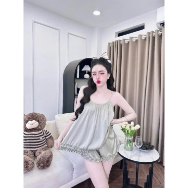Đồ ngủ 2 dây sexy lai bèo họa tiết vằn, áo yếm vải mềm mịn thoáng mát - 164k