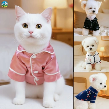 Đồ ngủ kiểu Pháp cho mèo chó nhỏ 2 chân, cotton mỏng nhẹ, nút bấm giảm lông