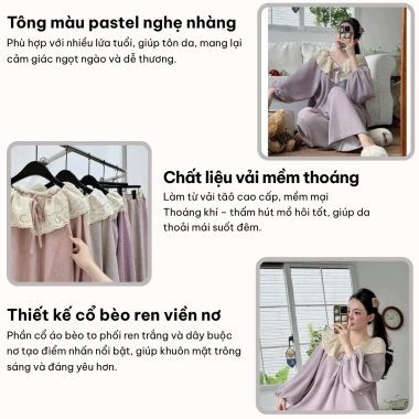 Đồ ngủ nữ bộ mặc nhà dài tay thu đông, tông màu trơn phối ren sang trọng – MIMI CLOTHES, giá chỉ 347.130 VND