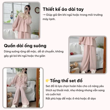 Đồ ngủ nữ bộ mặc nhà dài tay thu đông, tông màu trơn phối ren sang trọng – MIMI CLOTHES, giá chỉ 347.130 VND