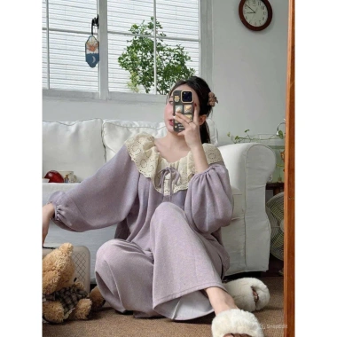 Đồ ngủ nữ bộ mặc nhà dài tay thu đông, tông màu trơn phối ren sang trọng – MIMI CLOTHES, giá chỉ 347.130 VND