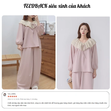 Đồ ngủ nữ bộ mặc nhà dài tay thu đông, tông màu trơn phối ren sang trọng – MIMI CLOTHES, giá chỉ 347.130 VND