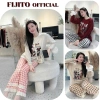 Đồ ngủ nữ FIJITO bộ mặc nhà dài tay thu đông áo thun họa tiết và quần suông ren siêu xinh