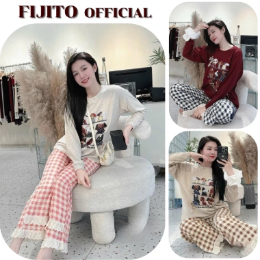 Đồ ngủ nữ FIJITO bộ mặc nhà dài tay thu đông áo thun họa tiết và quần suông ren siêu xinh
