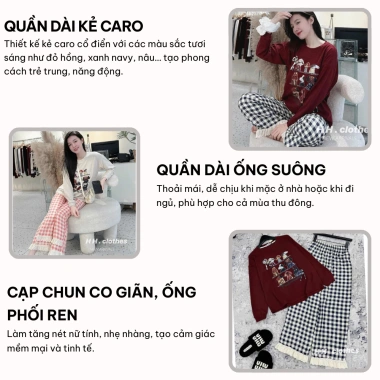 Đồ ngủ nữ FIJITO bộ mặc nhà dài tay thu đông áo thun họa tiết và quần suông ren siêu xinh