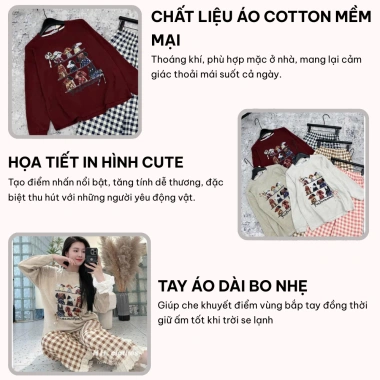 Đồ ngủ nữ FIJITO bộ mặc nhà dài tay thu đông áo thun họa tiết và quần suông ren siêu xinh