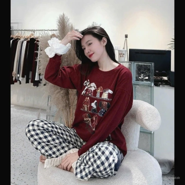 Đồ ngủ nữ FIJITO bộ mặc nhà dài tay thu đông áo thun họa tiết và quần suông ren siêu xinh