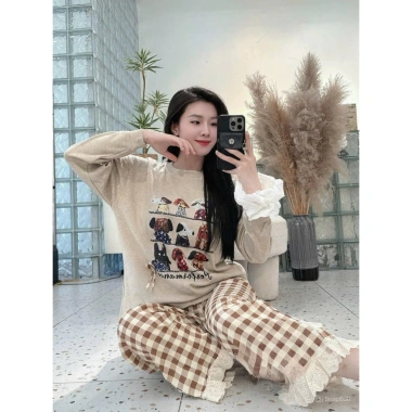 Đồ ngủ nữ FIJITO bộ mặc nhà dài tay thu đông áo thun họa tiết và quần suông ren siêu xinh