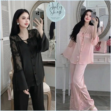 Đồ Ngủ Nữ JULY Đồ Bộ Áo Cổ V Tay Loe Ren Mềm Quần Xẻ Nơ Lụa Freesize 214.000₫