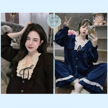 Đồ Ngủ Nữ JULY Đồ Bộ Tiểu Thư Cổ V Ren Thô Cột Nơ Baby Doll Tay Phồng Lụa Latin Mịn Mượt Freesize đến 58kg