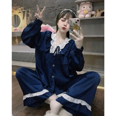 Đồ Ngủ Nữ JULY Đồ Bộ Tiểu Thư Cổ V Ren Thô Cột Nơ Baby Doll Tay Phồng Lụa Latin Mịn Mượt Freesize đến 58kg