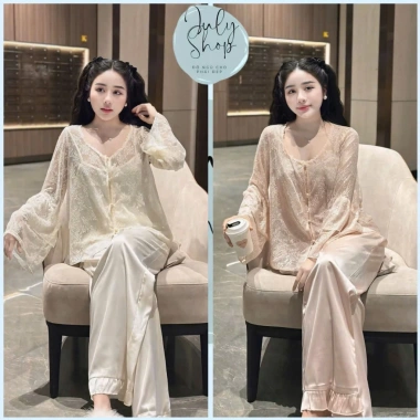 Đồ Ngủ Nữ JULY Set 3 Món Áo Ren Cúc Ngọc và Quần Dài Lụa Latin Freesize - Giá 236k giảm tới 70k