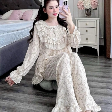 Đồ ngủ nữ JUSOKA – Pijama đũi vân mây viền ren, siêu mềm mịn, cao cấp, thoải mái 195k