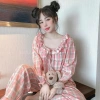 Đồ ngủ nữ Juvigo pijama dài tay cổ trễ viền bèo thắt nơ họa tiết caro màu hồng siêu xinh - giá 269k 2