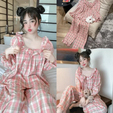 Đồ ngủ nữ Juvigo pijama dài tay cổ trễ viền bèo thắt nơ họa tiết caro màu hồng siêu xinh - giá 269k