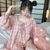 Đồ ngủ nữ Juvigo pijama dài tay cổ trễ viền bèo thắt nơ họa tiết caro màu hồng siêu xinh - giá 269k 5