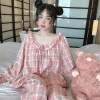 Đồ ngủ nữ Juvigo pijama dài tay cổ trễ viền bèo thắt nơ họa tiết caro màu hồng siêu xinh - giá 269k 8