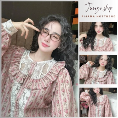 Đồ ngủ nữ Juvigo - Pijama thu đông dài tay ren, họa tiết kẻ sọc hoa hồng, siêu xinh