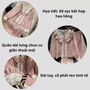 Đồ ngủ nữ Juvigo - Pijama thu đông dài tay ren, họa tiết kẻ sọc hoa hồng, siêu xinh 3 Đồ ngủ nữ Juvigo - Pijama thu đông dài tay ren, họa tiết kẻ sọc hoa hồng, siêu xinh 3