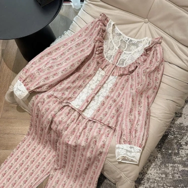 Đồ ngủ nữ Juvigo - Pijama thu đông dài tay ren, họa tiết kẻ sọc hoa hồng, siêu xinh