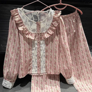 Đồ ngủ nữ Juvigo - Pijama thu đông dài tay ren, họa tiết kẻ sọc hoa hồng, siêu xinh