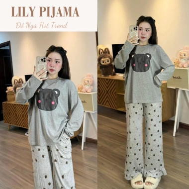 Đồ ngủ nữ Lily áo dài tay in hình gấu cute, mix quần suông cao cấp, giá chỉ 134k