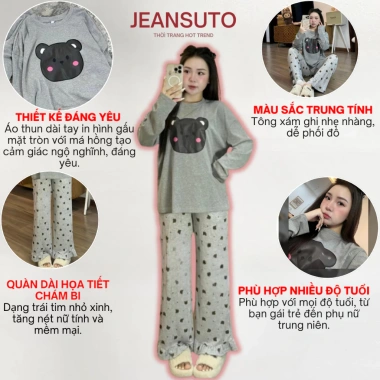 Đồ ngủ nữ Lily áo dài tay in hình gấu cute, mix quần suông cao cấp, giá chỉ 134k