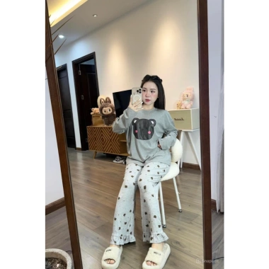 Đồ ngủ nữ Lily áo dài tay in hình gấu cute, mix quần suông cao cấp, giá chỉ 134k