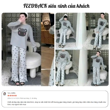 Đồ ngủ nữ Lily áo dài tay in hình gấu cute, mix quần suông cao cấp, giá chỉ 134k