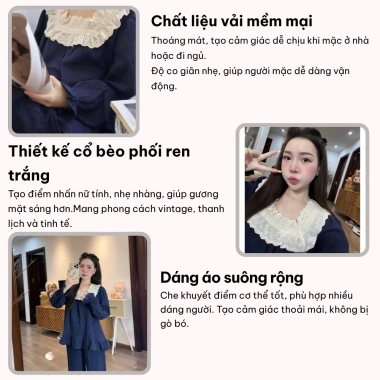 Đồ ngủ nữ Lily dài tay cổ vuông ren, mix quần suông vintage, pijama giá 158.400₫
