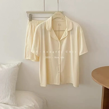 Đồ ngủ nữ mùa hè tay ngắn cổ bẻ, quần short lụa lạnh cao cấp Hàn Quốc 319k
