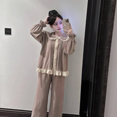 Đồ ngủ nữ pijama thu đông len thỏ dài tay cổ bèo viền ren cúc dọc - Juvigo HCOM3.426 299k 4