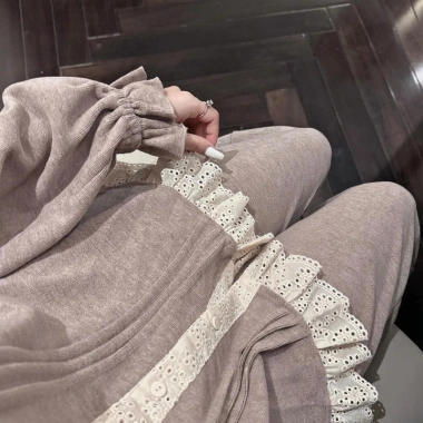 Đồ ngủ nữ pijama thu đông len thỏ dài tay cổ bèo viền ren cúc dọc - Juvigo HCOM3.426 299k 6