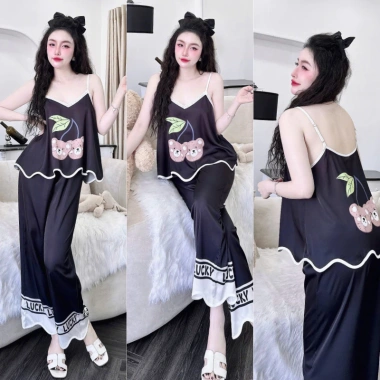 Đồ ngủ nữ sexy set lụa cao cấp Latin áo 2 dây + quần dài freesize